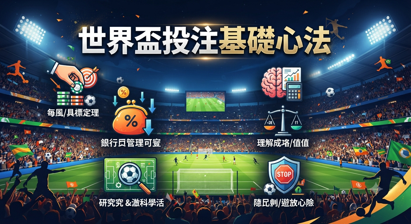 這張圖片以熱血的世界盃足球場為背景,上方醒目地展示了「世界盃投注基礎心法」的標題。 整體設計透過圖示呈現了投注策略、資金管理、數據分析及風險控制等核心觀念,引導觀眾掌握正確的投注心態。