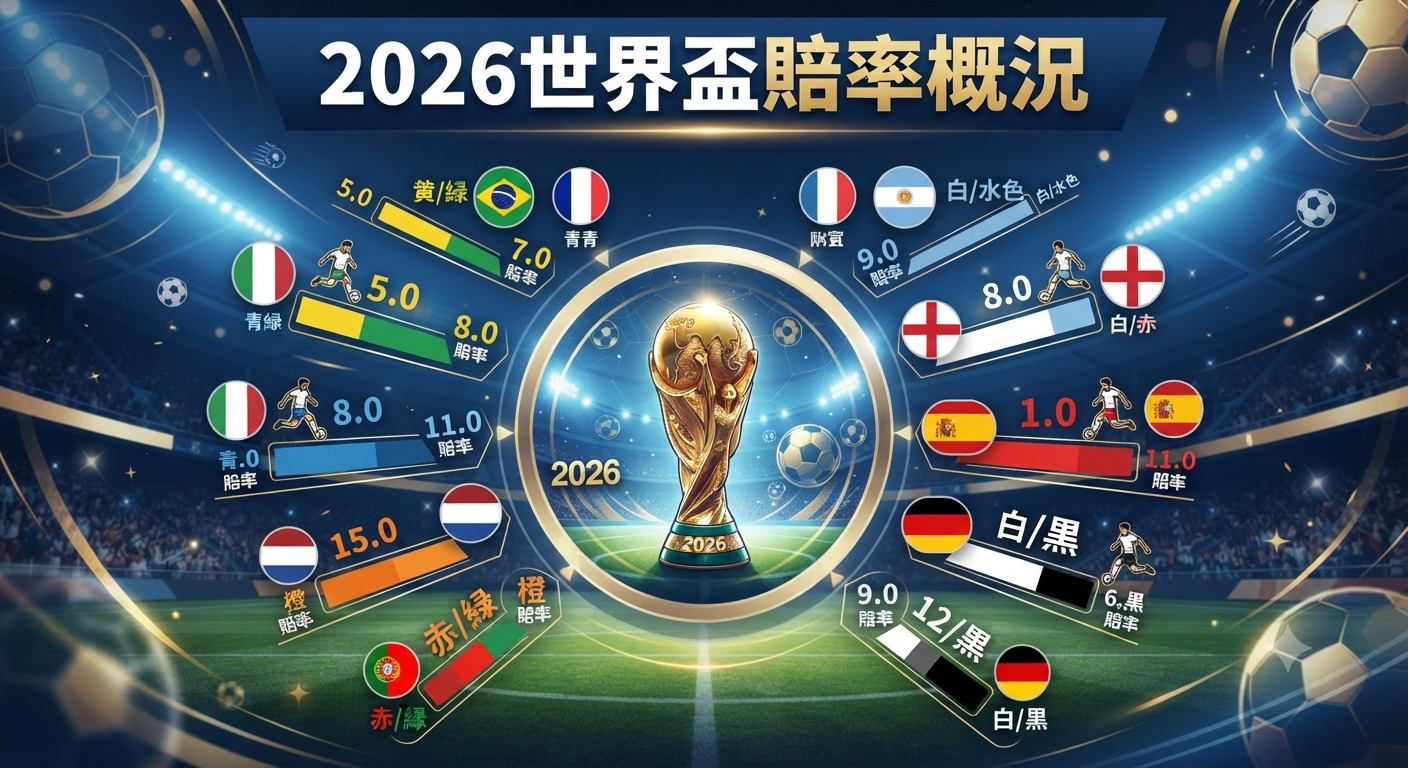 這是一張關於「2026世界盃賠率概況」的資訊圖表,以足球場為背景並展示了各國隊伍的賠率數據。 畫面中心設有2026年世界盃冠軍獎盃,周圍環繞著多國旗幟與對應的賠率分析與色彩標籤。