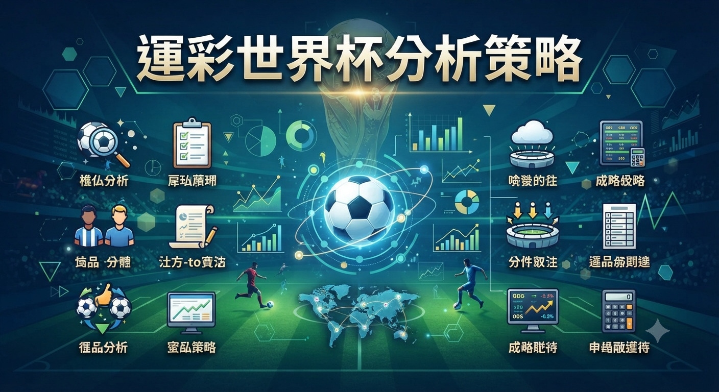 這張圖片展示了以「運彩世界杯分析策略」為主題的專業視覺設計,中央結合了足球、數據圖表與全球地圖元素,營造出充滿科技感與戰略性的分析氛圍。