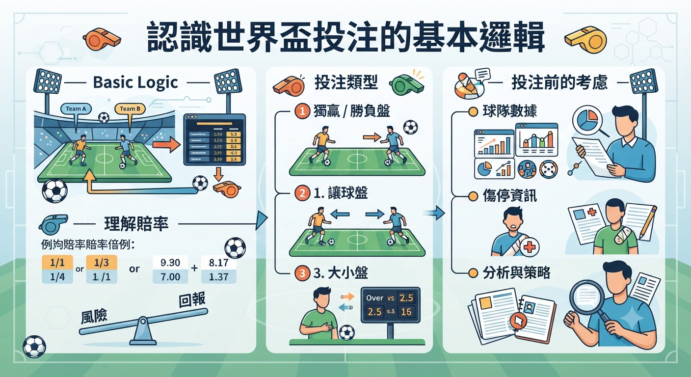 這張圖片展示了「認識世界盃投注的基本邏輯」的資訊圖表,分為基本邏輯、投注類型與投注前考量三大區塊。 透過視覺化的足球場景、賠率示例與分析策略圖示,系統性地解析了運彩投注的核心要素。