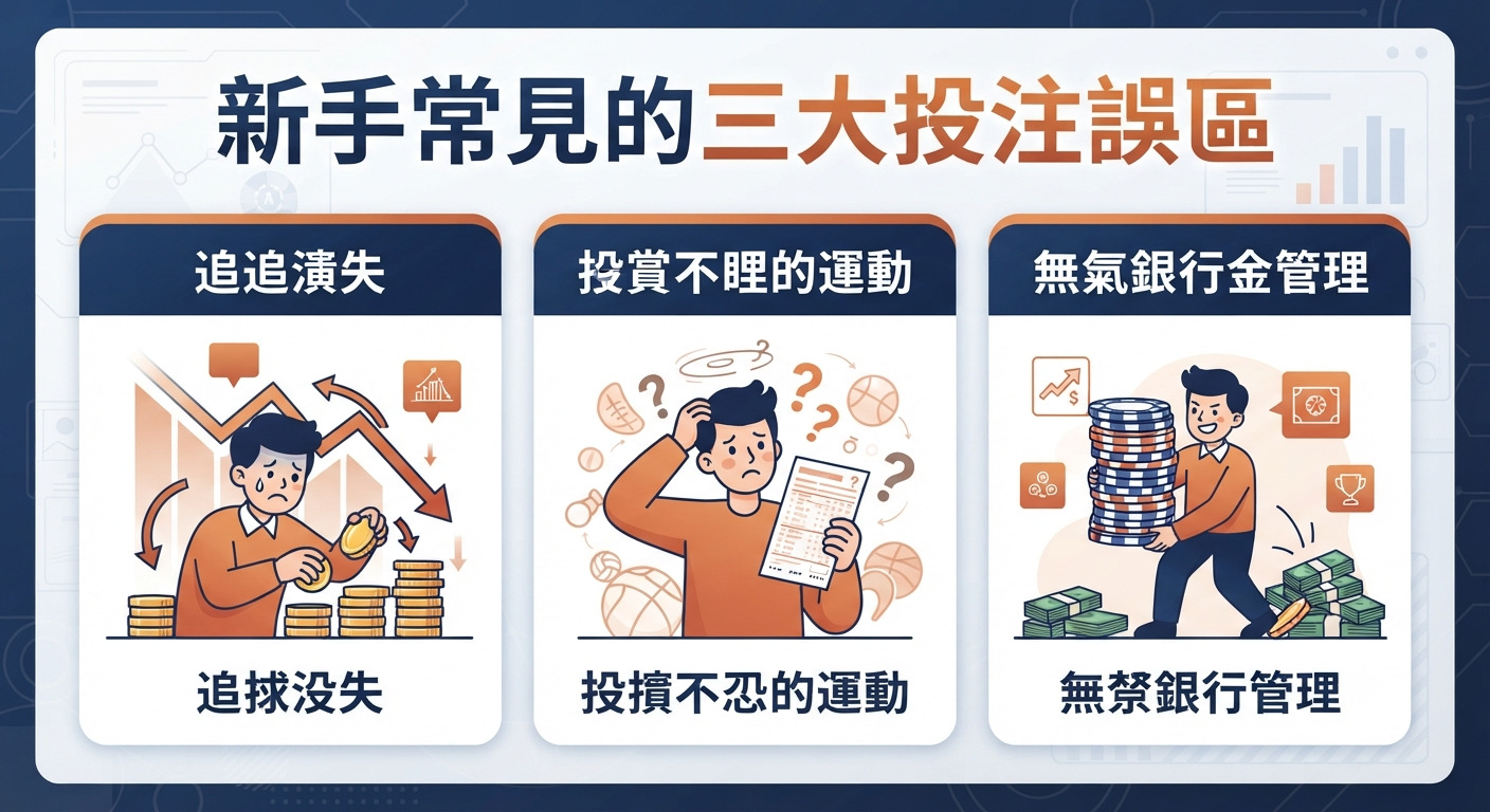 這張圖片展示了標題為「新手常見的三大投注誤區」,並通過三個插圖分別描繪了追逐損失、盲目投注不熟悉的運動以及缺乏資金管理的風險。 整體設計簡潔明瞭,旨在透過視覺化的方式提醒投注新手避開常見的錯誤行為。