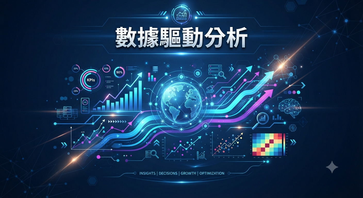 這是一張以「數據驅動分析」為主題的科技風格圖像,背景充滿了象徵數據流的動態圖表、全球網絡節點與各種統計分析圖形。 整體設計以深藍色調呈現專業感,中央的地球與向上攀升的箭頭突顯了數據帶來的增長趨勢與精準決策。