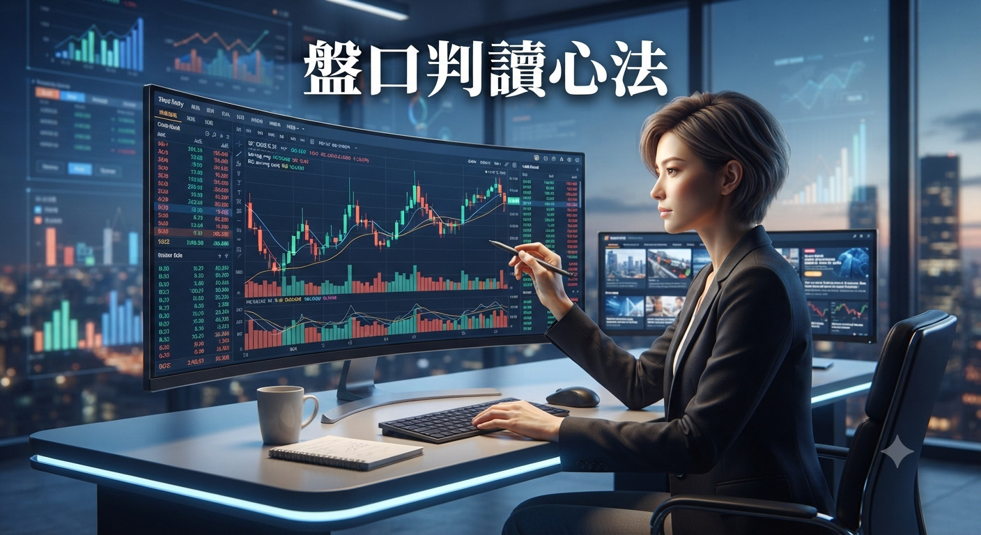 這是一張描繪專業分析師在現代化辦公室中,專注於研究金融市場數據的圖像。 畫面中央展示了巨大的螢幕,顯示著複雜的交易走勢圖,上方清晰呈現「盤口判讀心法」的主題文字。