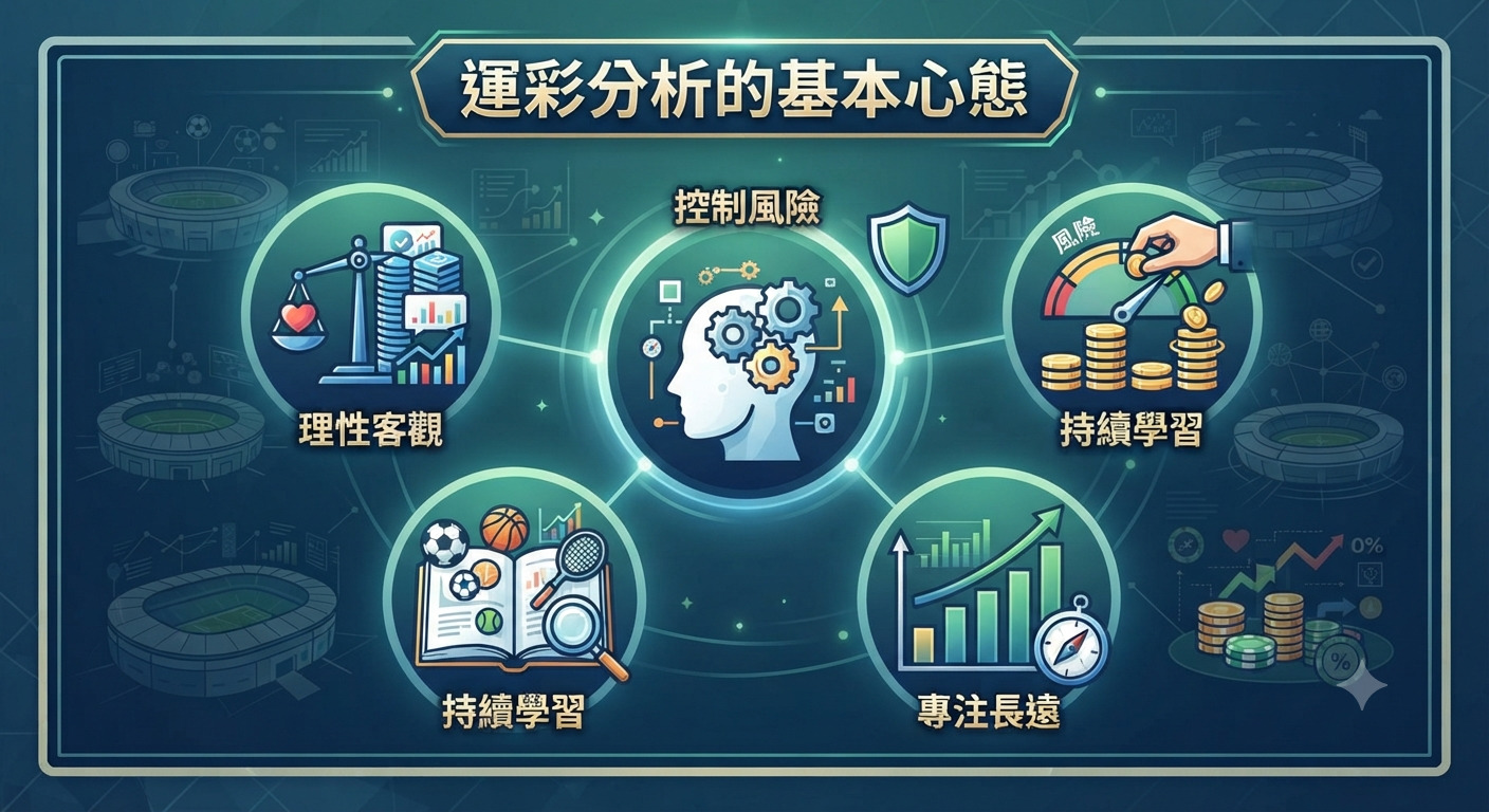 這張圖片以專業的數據分析風格呈現運彩心態,標題為「運彩分析的基本心態」。 畫面透過直觀的圖示傳達理性客觀、控制風險及專注長遠等核心觀念,整體設計簡潔且具備金融分析質感。