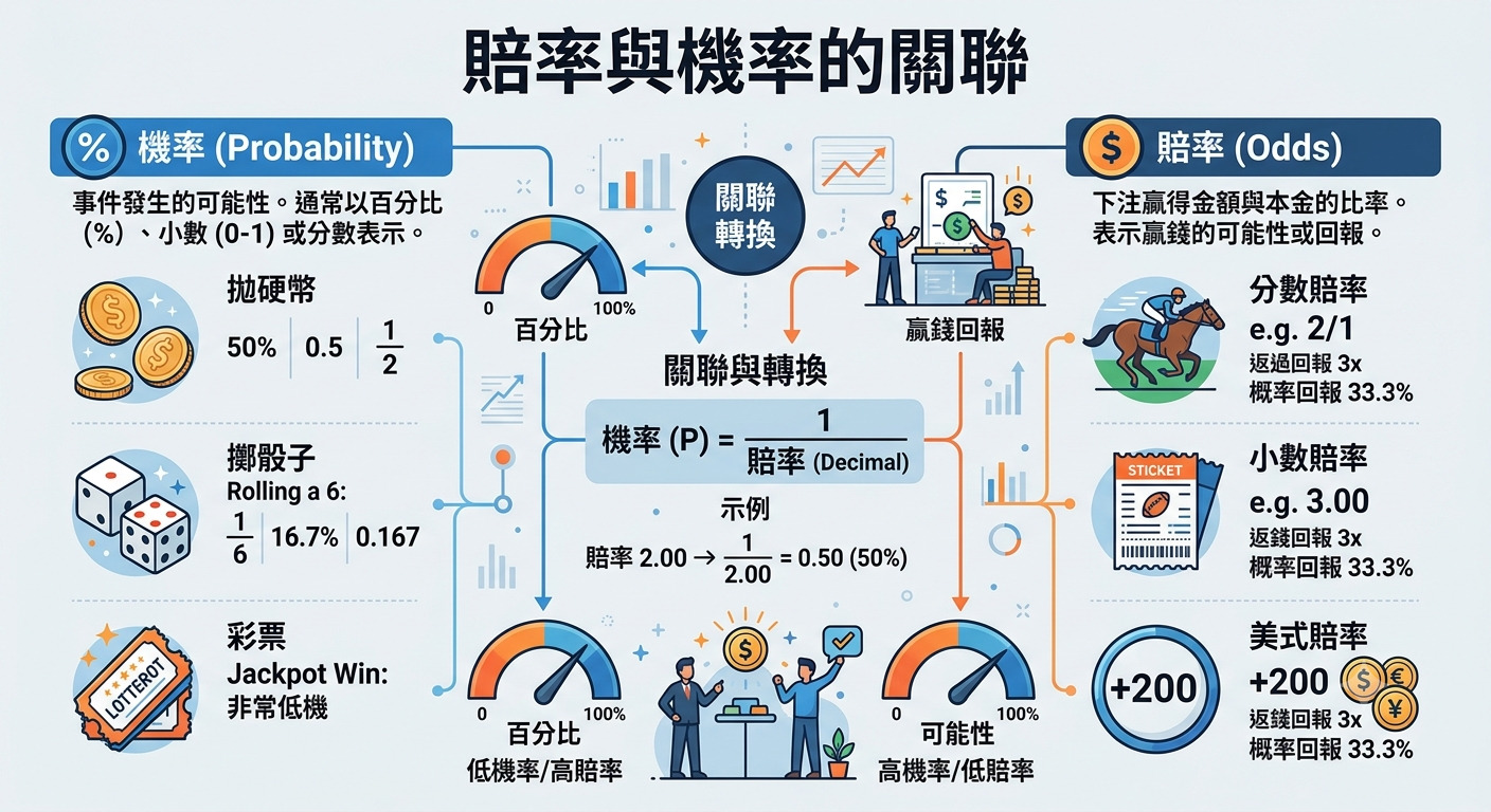 這張資訊圖表清晰地展示了賠率與機率之間的數學關聯與轉換方式。 透過圖像化的範例與公式,詳細解析了兩者如何相互影響及換算。