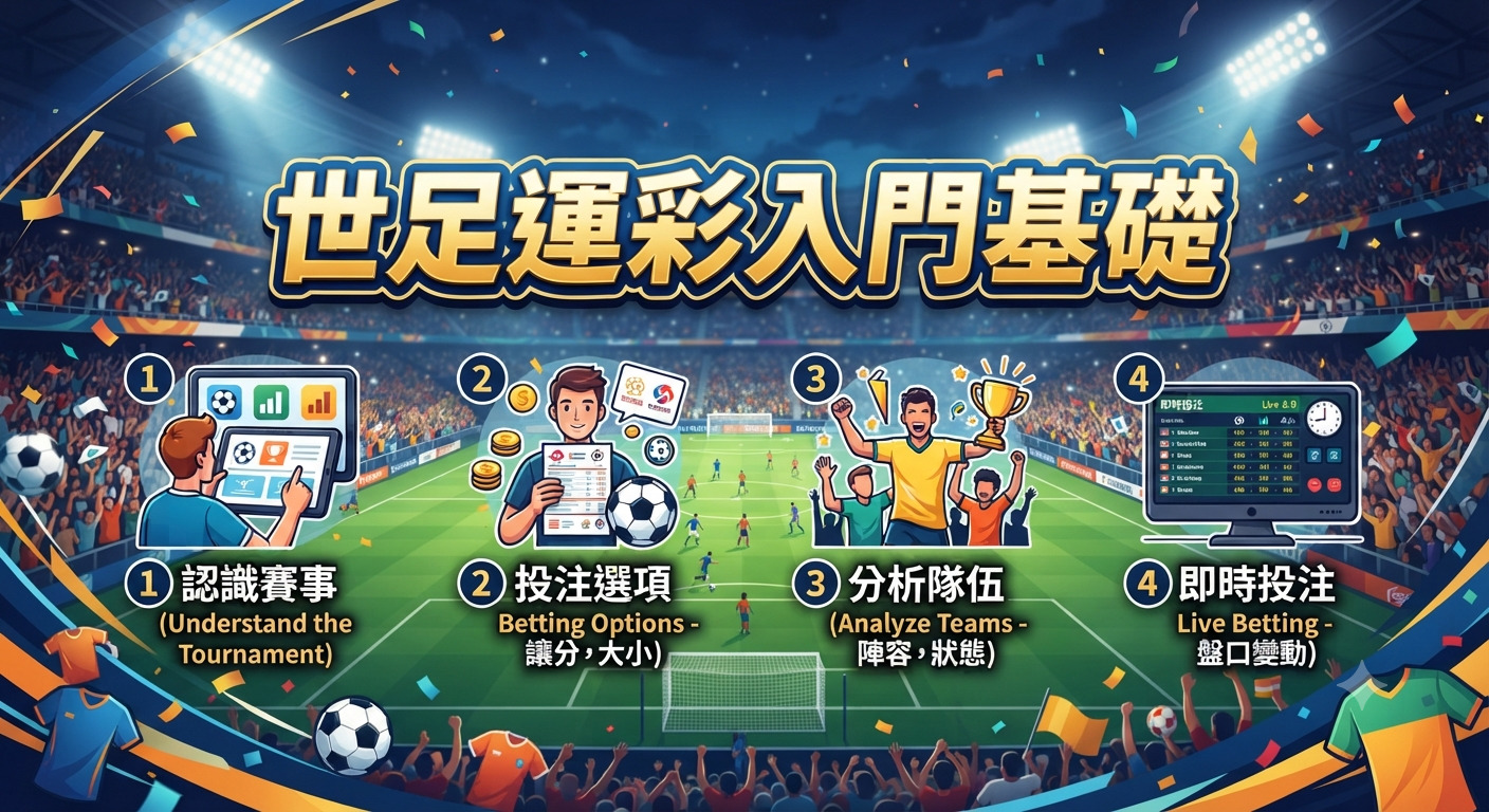 這是一張介紹「世足運彩入門基礎」的教學圖，背景為熱鬧的足球賽場。 圖中以四個步驟圖示說明運彩的核心概念，引導初學者認識賽事、投注、分析與即時投注。