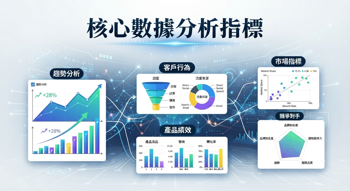 這張圖片以「核心數據分析指標」為標題，展示了包含趨勢分析、客戶行為、產品績效、市場指標與競爭對手分析的專業圖表數據。 整體設計採用現代化的科技風格，透過清晰的數據視覺化呈現各項商業分析維度。